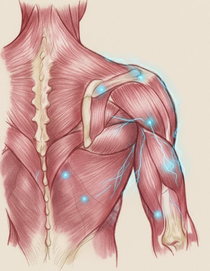 Anatomical illustration of the muscles of the back and shoulder with trigger points highlighted